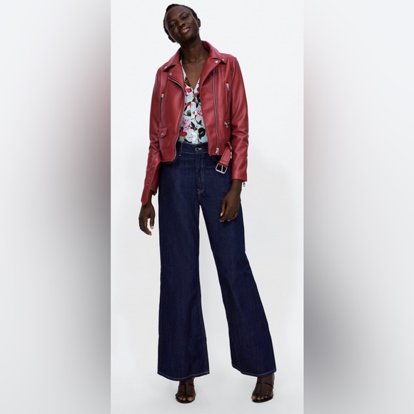 NEW Zara Vegan Faux Leather Red Motorcycle Moto Biker Jacket NWT XS! - Picture 3 of 11